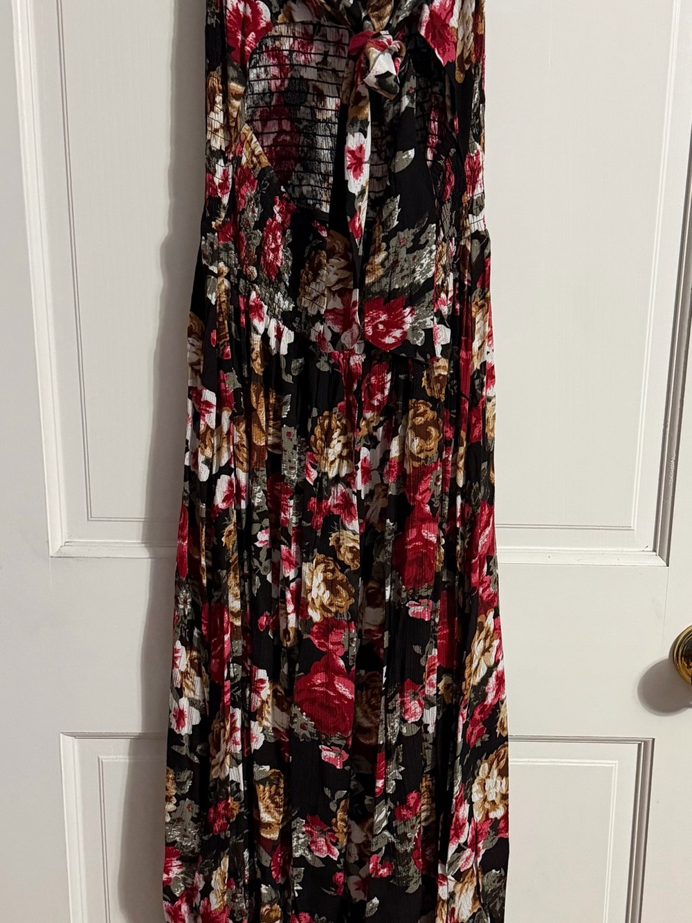 Floral Maxi Dress in Black with Red & Gold Accents - Picture 2 of 3